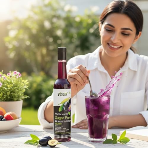 Image of VIStevia Khatta Mazaa Sugar-Free Kala Khatta Syrup, Diabetic And Keto Friendly - Sweetened Naturally With Stevia, Made With Real Kala Jamun Not Flavour And Colour - Pack Of 1 (470ML) Serves 25-30 Glasses
