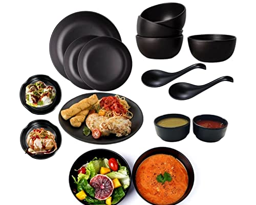 Home Decorise Melamine Matt Black Dinner Set for Kitchen, Unbreakable Dinnerware Sets for Dining Table, Serving Bowls and Tray for Holi (for 2 Person, Pack of 16 pcs)