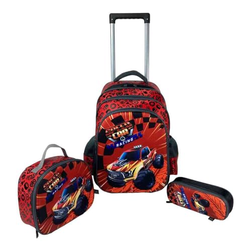 Kit Infantil Mochila 3 Peças Lancheria, Estojo e Mochila Com rodas Truck Speed Car by Santino Vermelho SCK7U
