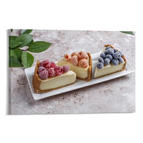 Póster de tarta de queso con frambuesa y arándanos, arte vintage, lienzo de pared, decoración estética, sala de estar, habitación de los niños, cafetería, baño, adecuado para dormitorio, gimnasio