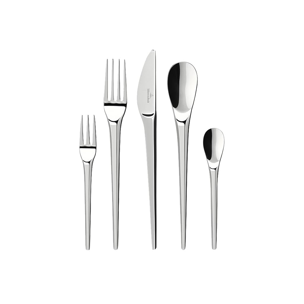 Villeroy & Boch Zestaw sztućców New Moon 30 sztuk dla 6 osób, nadaje się do mycia w zmywarce, nierdzewny, nóż, widelec, łyżka, luksusowy zestaw sztućców, kolacja, stal nierdzewna 18/10