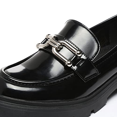 Vera Creation Women's Chunky Platform Loafers With Chain Or Buckle Patent Leather Casual Business Work Shoes Comfort Slip-On (Black+Silver Buckle 8) #TOP1