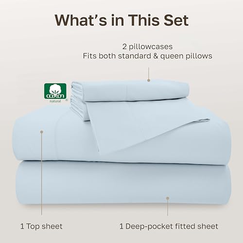 Image of California Design Den 500TC 100% Cotton Queen Sheets Set, Blue(Grey-Tone) | Good Housekeeping Seal, OEKO-TEX Certified, Silky-Soft Sateen Weave, 4pc Set, 16 inch Deep Pockets, For Hot Sleepers, All-Season