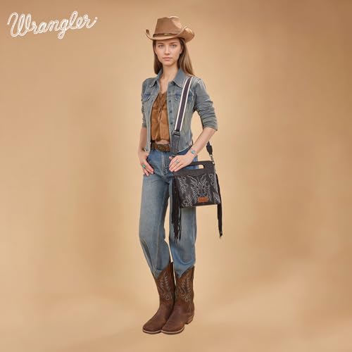 Image of Wrangler Western Handbag for Women Crossbody Bag Top Handle Shoulder Bag Embossed Cowgirl Fringe Purse
