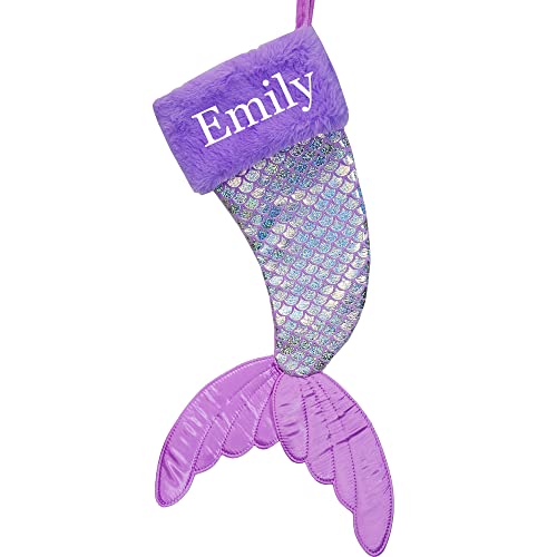 Dearsun 22" Dia Lovely Personalized Mermaid Tail Christmas Stocking With Embroidery Name, Plush Cuff And Shiny Fabric Body (Purple) #TOP7
