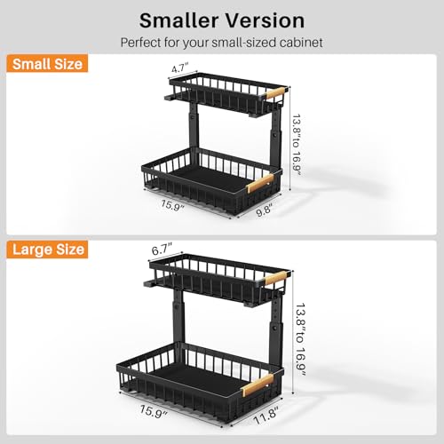 Image of PXRACK Under Sink Organizer, Adjustable Height, 2 Tier Pull Out Under Cabinet Organizer, Slide Out Thickened Metal Under Sink Storage for Kitchen Bathroom Laundry Pantry Cabinet, Black, Small-1-Pack