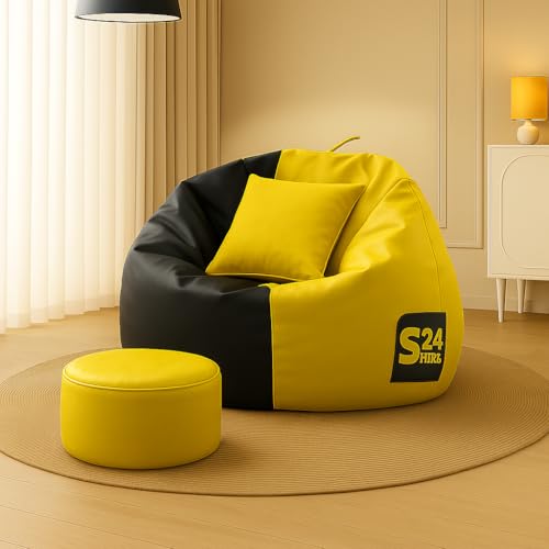 Image of 4XL Tear Drop Bean Bag Chair with Footrest & Pillow | Premium Leatherette Bean Bag Cover (Without Beans) Upto 150 Kg Capacity | Living Room Lounger (Yellow::Black, XXXXL)