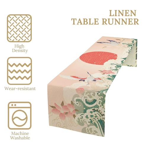 Image of Japanese Gold Crane Table Runner, Luxury Oriental Wave Pattern Table Decor for Dining Room Wedding Party Kitchen, Asian Art Tablecloth 13x120 Inch