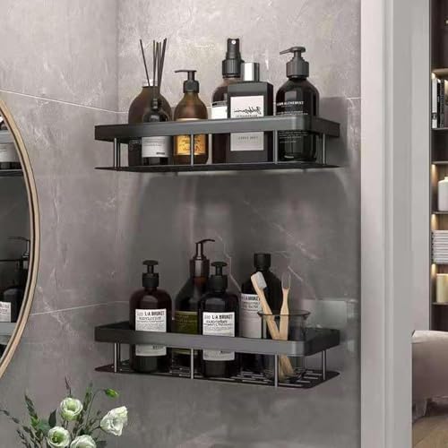 Image of Dangfly Wall-Mounted Stainless Steel Shelf with Towel Holder & Hooks - Chrome Finish Bathroom Organizer for Home & Hotel Use (Black 1 pcs)