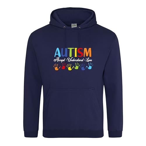 Accept Understand Loves Autism Hoodie, Autism Awareness Puzzle Mental Disorder Hooded Sweatshirt Unisex Kids Adults Top(3XL, Navy)