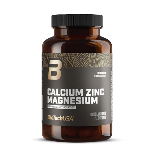 BioTechUSA Calcium Zinc Magnesium from Organic Sources | 4 types de minéraux organiques | Formule synergique pour les os, les muscles, le système nerveux et immunitaire, 90 comprimés