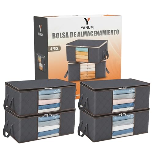 YANUM® Bolsas de Almacenamiento Ropa 35L | Pack 4 unidades | Organizadores con Ventana Transparente | Tela Transpirable y Asas Reforzadas | Para Mantas, Edredones, Armario y Bajo Cama