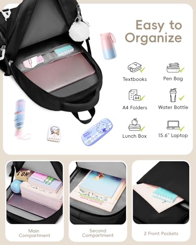 Tanou Schulrucksack Teenager Mädchen Rucksack, Schultaschen-Set mit Studenten Umhängetasche Federmäppchen, Atmungsaktiver Schulranzen Groß mit Laptopfach für 15,6-Zoll-Laptop, Schwarz