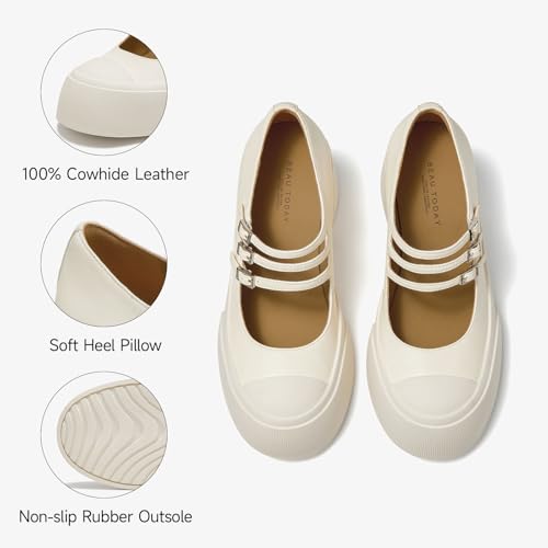 BEAU TODAY Women's Platform Mary Jane Pumps, Genuine Leather Chunky Block Mary Jane Shoes Women Heels, Closed Round Toe Dress Pumps Shoes with Buckle Strap for Office Party Casual Weeding3