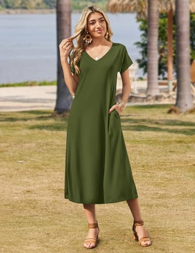 Image of Zeagoo Women Summer Floral Dress Short Sleeve Beach Dress with Pockets Casual V-Neck Split Long T-Shirt Dress Travel Vacation