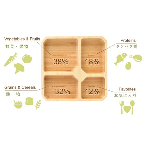 Bamboo Portion Control Plate – 4-Compartment Divided Bento Tray for Balanced Eating, Portion Control & Meal Prep – Square Wooden Dinner Plate for Adults & Kids