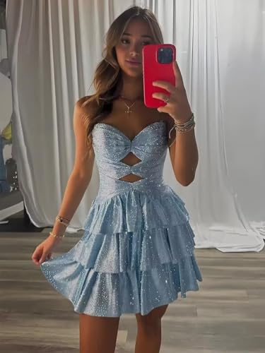 Sparkly Sequin Tiered Homecoming Dresses for Teens 2025 A Line Cut Out Strapless Short Cocktail Party Dress4