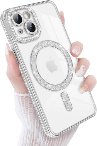 SUKOVIA Luxury Bling Rhinestone Diamond Glitter Back Cover Case for iPhone 14 | Compatible with Magsafe | Camera Lens Protection | iPhone 14 Back Cover Case for Girls Women | Silver