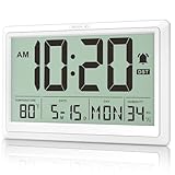 XREXS 10.6 Inch Digital Wall Clock, Battery Operated Large Display Clock, Digital Calendar with Indoor Temperature/Humidity/Date/Day, Auto DST for Classroom, Livingroom, Office(No Backlight)(White)