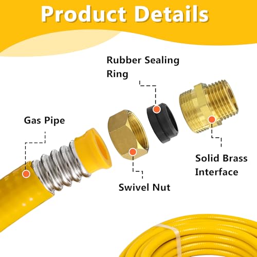40FT 1/2 Inch CSST Flexible Gas Line | Corrugated Stainless Steel Tubing Natural Gas Hose with 2 Male | Fittings for Dryer Stove Heater Gas Propane