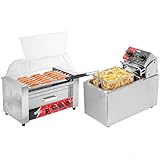 CROSSON 4L Fritteuse Gastro mit leicht zu reinigendem rotierendem Fritteusenkopf, 30 Minuten Timer,7 Rollen Edelstahl Hot Dog Machine Elektrogrill 1350W mit Brötchenwärmer,Transparentem Deckel