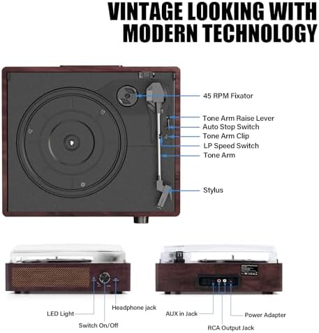 Vinyl Record Player Turntable with Built-in Bluetooth Receiver & 2 Stereo Speakers, 3 Speed 3 Size Portable Retro Record Player for Entertainment and Home Decoration - 1