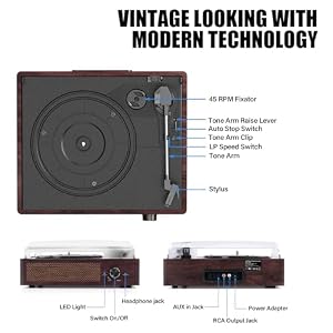 Vinyl Record Player Turntable with Built-in Bluetooth Receiver & 2 Stereo Speakers, 3 Speed 3 Size Portable Retro Record Player for Entertainment and Home Decoration — photo 2 of 6