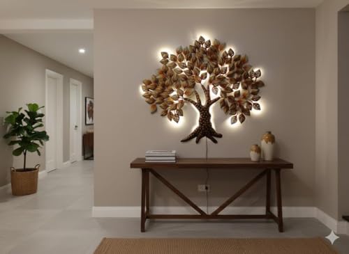 Image of Bharat Art Metal Iron Wall Art Decor for Home Bedroom Living room Cafe Interior Decorative | Elegant Wall Hanging Sculpture with LED Light | Gift Item | MAHOGANY Tree | 48X02X43 INCH | WD 140 (A)