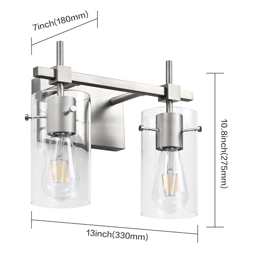 Image of SOLFART 2 Light Wall Scone Vintage Vanity Light Fixtures Brushed Nickel Wall Light for Bathroom Lights Over Mirror with Glass Shade Light Fixtures (Exclude Bulb)