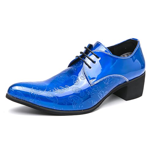 Image of Men's Printing Pointed-Toe Patent Leather Derby Oxford Shoes,Classic Lace-up Low Top Block High Heel Fashion Slip on Prom Business Wedding Dress Shoes