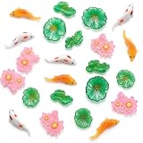 Auteonsa 30 PCS Mini Resin Fish Lotus Pond Figurines, Tiny Koi Fish and Lotus Leaves, Plastic Fake Mini Fish Figurines for Moss Landscape...