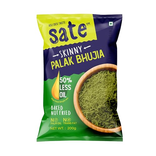 SATE Skinny -The Tasty baked Palak Bhujia Sev with 50% Less Oil, 20% Fewer Calories. No Artificial Colours. No Palm Oil. Trans-Fat & Cholesterol Free. (Pack of 1) SATE Skinny -The Tasty baked Palak Bhujia Sev with 50% Less Oil, 20% Fewer Calories. No Artificial Colours. No Palm Oil. Trans-Fat & Cholesterol Free. (Pack of 1)