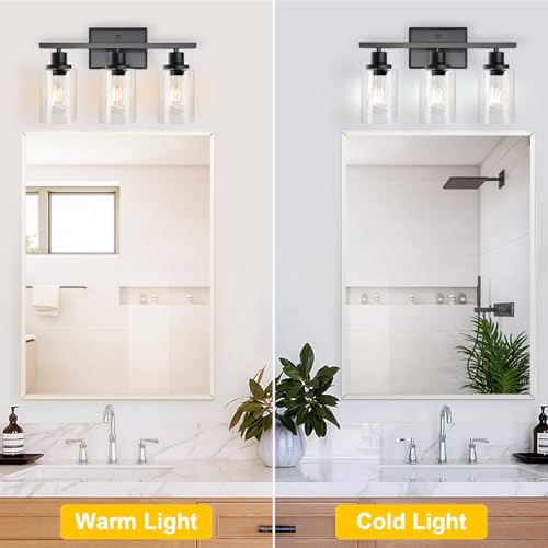 Image of Ascher Bathroom Vanity Light Fixtures, 3 Light Wall Sconces Lighting with Clear Glass Shade, Black Wall Lights for Mirror, Kitchen, Living Room, Gallery, Hallway, E26 Base (Bulbs Not Included)