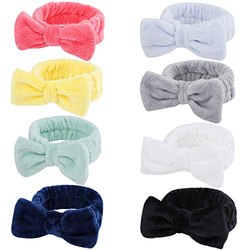 8 Pack Spa Headband Facial Makeup Headband, Coral Fleece Cosmetic Headband Face Wash Headband, Bow Hair band for Washing Face Terry Cloth Headbands for Women and Girls (Color C)