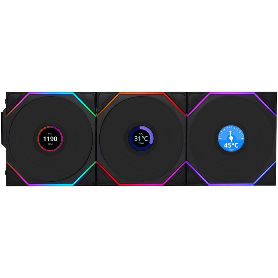Lian Li UNI FAN TL Wireless LCD PC Fan 120mm RGB – 3-Pack Reverse Blade Gaming PC Fans Black | PWM Fans - 26 ARGB LEDs - 1,900 RPM - Daisy Chain, High Airflow, Low Vibration, Silent, Infinity Mirror