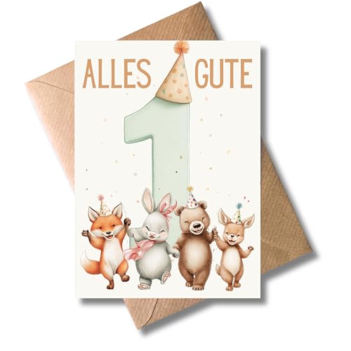 WBdesignz Geburtstagskarte 1. Geburtstag - Pastellgrüne & bunte Tier-Motivkarte - Niedliche „Alles Gute - 1“ Karte für Jungen & Mädchen - Inkl. Umschlag - Geburtstag (DIN A6)