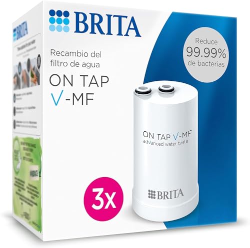 BRITA ON TAP V-MF 3x c cartucho de filtro de agua (600L) - agua sostenible, libre de bacterias al 99,99%, sabor mejorado, reduce micropartículas finas, PFAS, metales y sustancias que afectan el sabor.