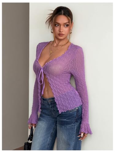 Image of Milumia Women's Y2K Textured Mesh Cardigan Shrug Tie Front Tops | Lettuce Trim , Long Sleeve, Open Front, Sheer, Flared, Club Party, Going Out, Rave, Cover Ups
