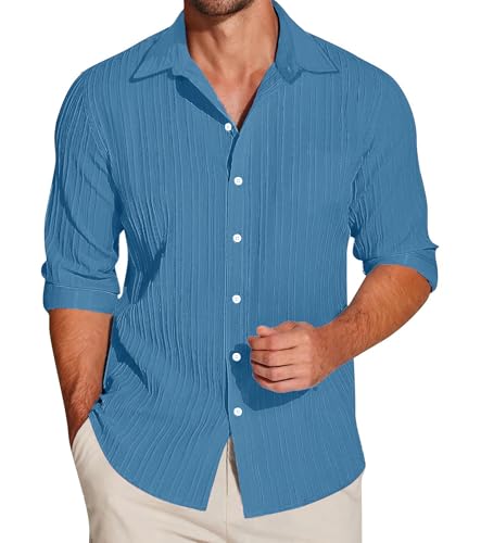 Image of FILO HEVIS Men's Casual Button Down Popcorn Shirts Stylish Long Sleeve Linen Textured Beach Summer Shirt