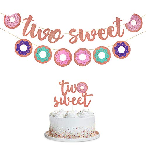 Lnlofen Two Sweet Donut Birthday Party Decoration Supplies Set - Donut Banner, Two Sweet Banner & Cake Topper - Donut 2nd Birthday Party Decorations for Baby Girl