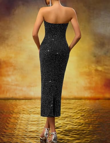 LVNES Women's Fully Beaded Bodycon Maxi Dress Ruched Cocktail Party Sparkly Dress2