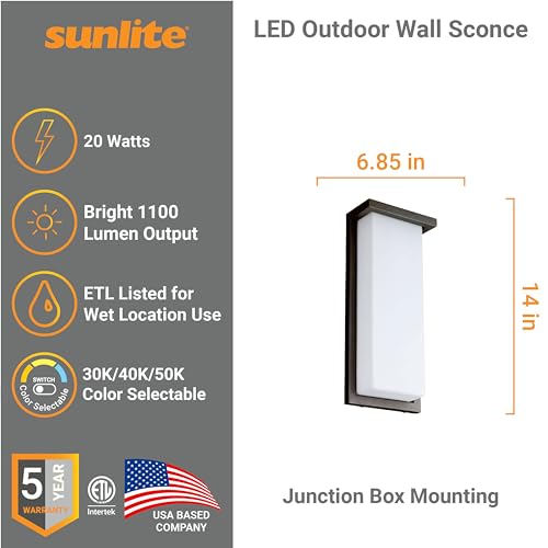 Image of Sunlite 81481 14 inch Modern LED Wall Sconce Light, Outdoor Fixture, Adjustable 3 CCT 3000K-5000K, 20 Watts, 1100 Lumens, Opal Shade, Oil Rubbed Bronze, Indoor for Bathroom, Garage, Hallways & Entryways