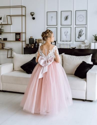 Lace Appliques Wedding Flower Girl Dress Tulle Floor Length First Communion Gown Sheer Long Sleeves Pageant Dress for Party2