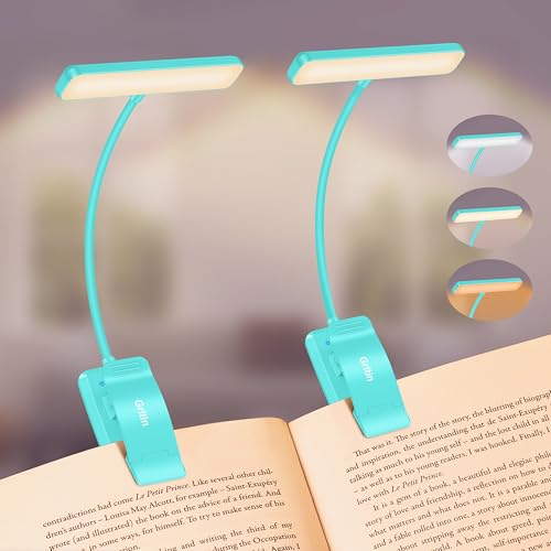 Image of Gritin 2 Pack 19 LED Rechargeable Book Light for Reading in Bed | Eye Caring 3 Color Temps,Stepless Dimming Brightness,Memory Function,90 Hrs Runtime Lightweight Clip on Light-Blue