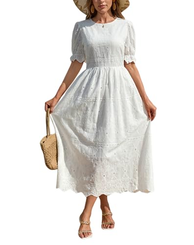 Midi Dress for Women Elegant Dresses Floral Eyelet Puff Sleeve Dress with Cinched Waist Casual Summer Party Dress White