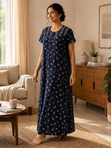 Image of 9shines Label Stylish Bamboo Cotton Nighty Maxi for Women | Full Length Trendy Nightgown | Premium Nightdress | Nightwear | Embroidery Nighty with Pocket (9666)