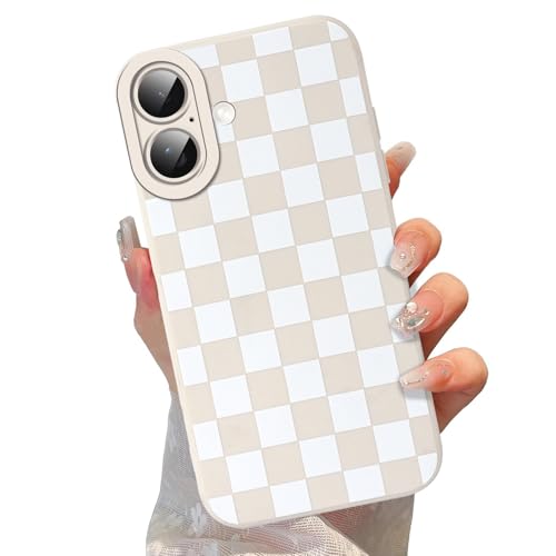 lioscre Cute Checkered Case for iPhone 17 6.3'', Aesthetic Checkerboard Lattice Pattern Print Design Funda Slim Fit Soft TPU Silicone Shockproof Full Camera Protective Cover for Women Girl White