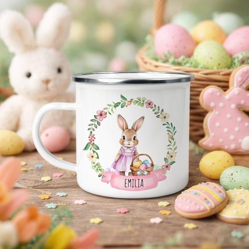 Personalised Pink Easter Bunny Enamel Mug with Name - Custom Girls Easter Cup - Cute Kids Hot Chocolate Mug - Easter Gift for Girls - Egg Hunt Keepsake - Bunny Mug for Children (Enamel, Pink) - View 4