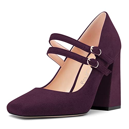 NobleOnly Women Chunky Block High Heel Square Toe Pumps Mary Jane Buckle Party Dress Shoes