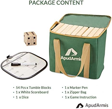 ApudArmis Giant Tumble Tower, 54 PCS Pine Wooden Stacking Timber Game with 1 Dice Set - Classic Block Board Game for Kids Adults Family (2Ft to Over 4.2Ft)